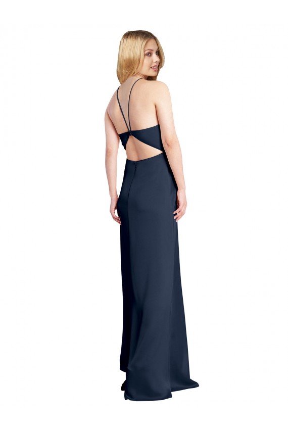 Comprare Blu marino scuro Linea A Capestro Raso Elastico Lunga Formali Abiti da damigella donore / Abiti da sera / Abiti da ballo