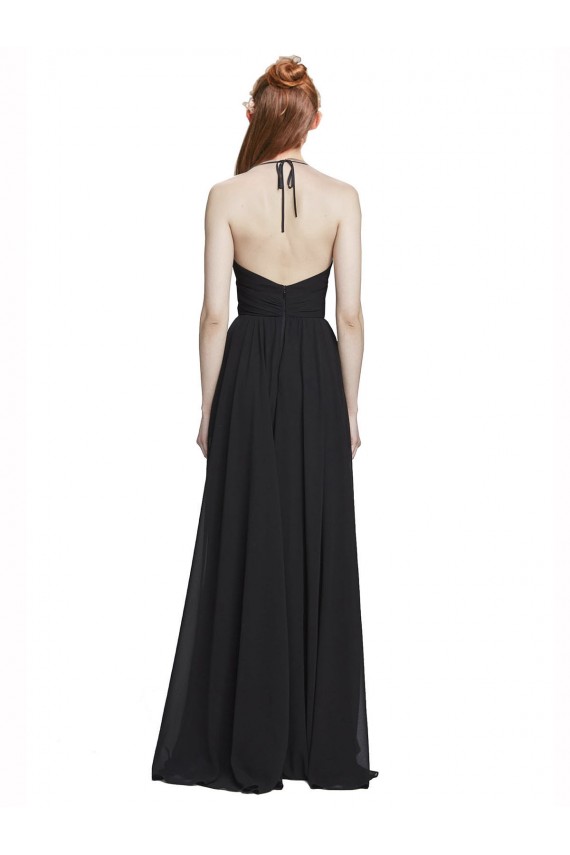 Comprare Blu marino scuro Linea A Capestro Scollatura a V Chiffona Lunga Abiti da damigella donore