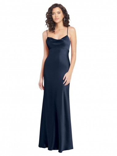 Comprare Blu marino scuro Linea A Cappuccio Raso Elastico Lunga Formali Abiti da damigella donore / Abiti da sera / Abiti da ballo