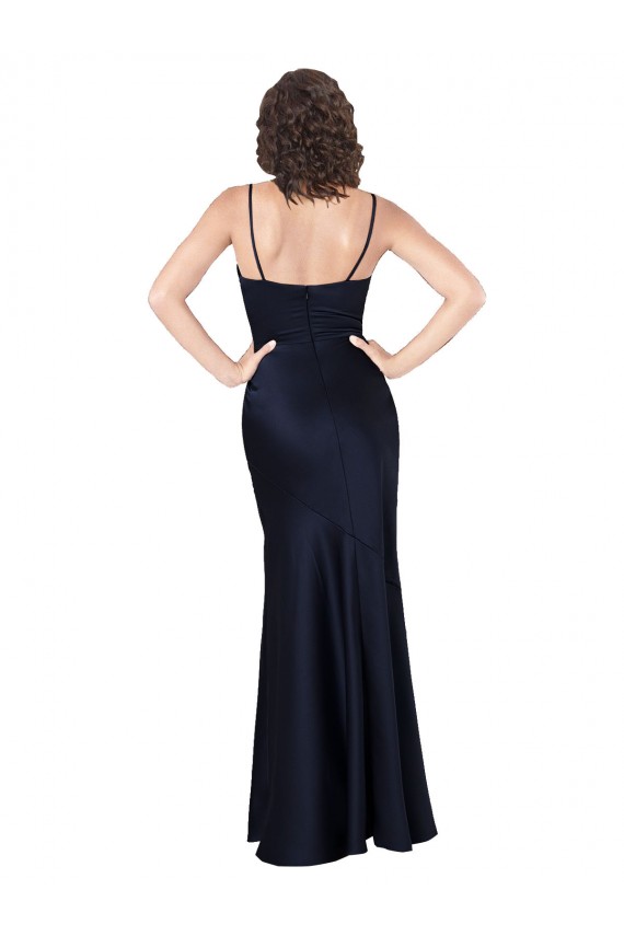 Comprare Blu marino scuro Linea A Cappuccio Raso Setoso Lunga Formali Abiti da damigella donore / Abiti da sera / Abiti da ballo