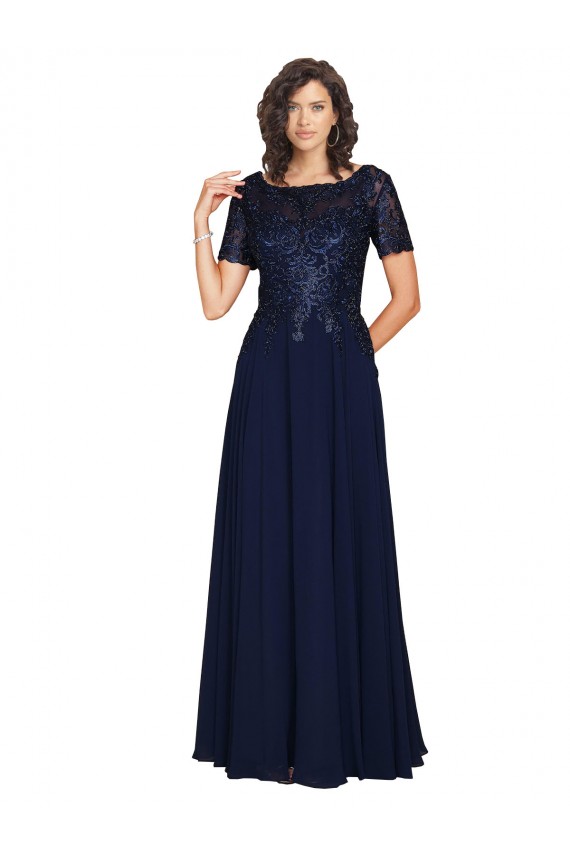 Comprare Blu marino scuro Linea A Girocollo Chiffona Lunga Abiti da damigella donore / Abiti da ballo