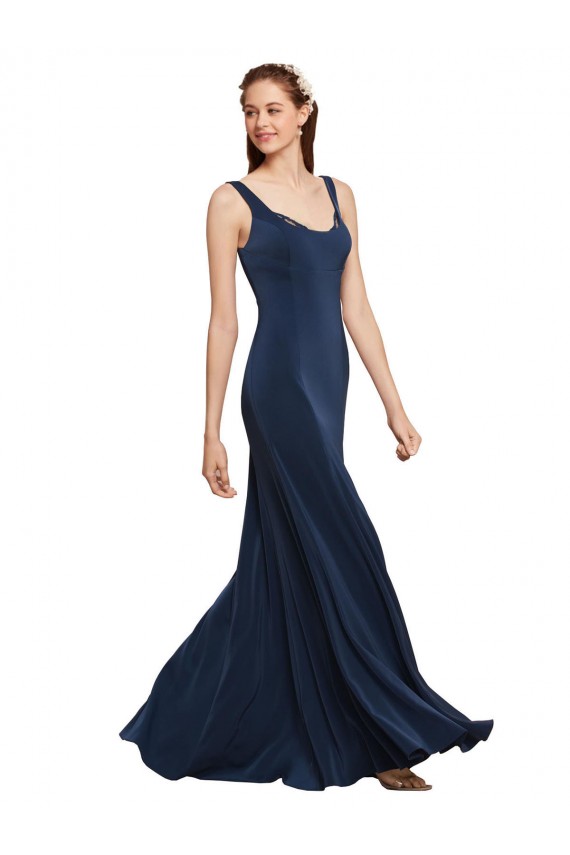 Comprare Blu marino scuro Linea A Girocollo Crespo Elastico Lunga Formali Abiti da damigella donore / Abiti da sera / Abiti da ballo
