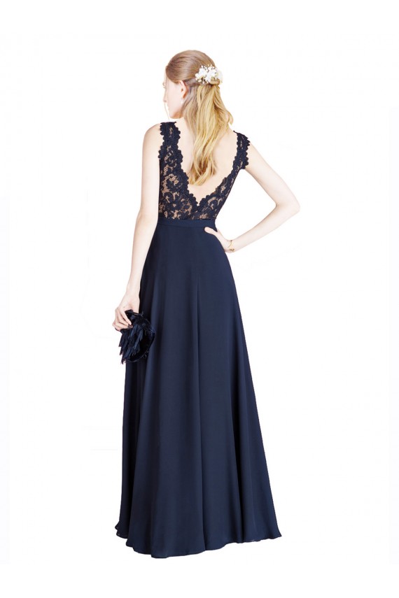 Comprare Blu marino scuro Linea A Illusione Chiffona Pizzo Lunga Abiti da damigella donore / Abiti da ballo