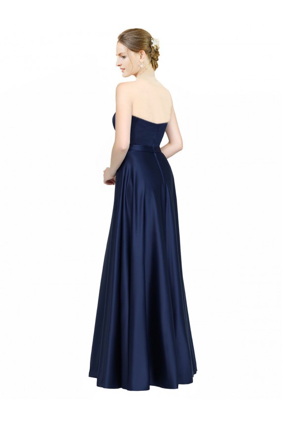 Comprare Blu marino scuro Linea A Innamorato Raso Elastico Lunga Formali Abiti da damigella donore / Abiti da sera