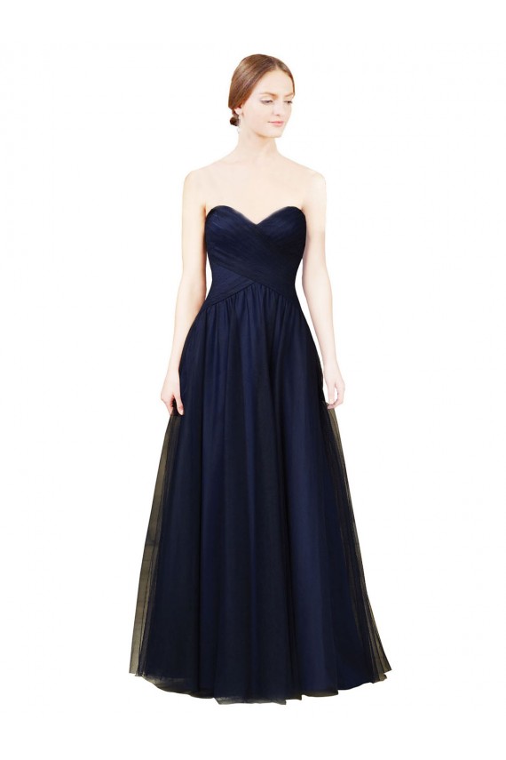Comprare Blu marino scuro Linea A Innamorato Tulle Lunga Abiti da damigella donore