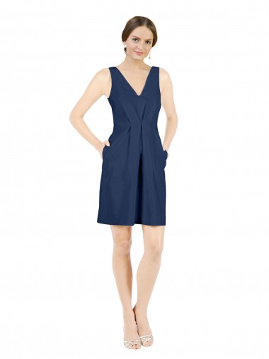 Comprare Blu marino scuro Linea A Scollatura a V Al ginocchio Raso Corto Abiti da damigella donore / Abiti da cocktail