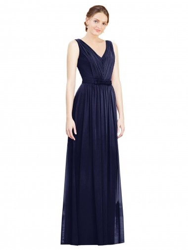 Comprare Blu marino scuro Linea A Scollatura a V Chiffona Lunga Abiti da damigella donore
