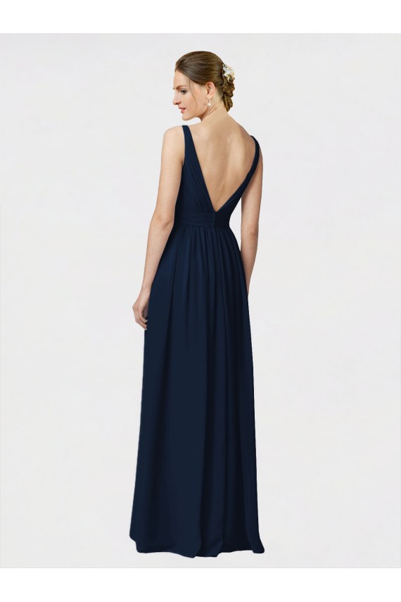 Comprare Blu marino scuro Linea A Scollatura a V Chiffona Lunga Abiti da damigella donore