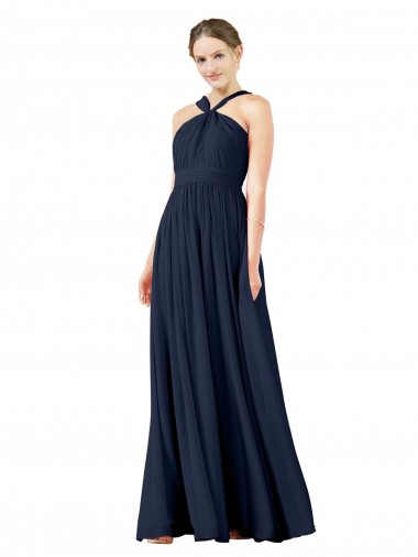 Comprare Blu marino scuro Linea A Scollatura a V Chiffona Lunga Abiti da damigella donore