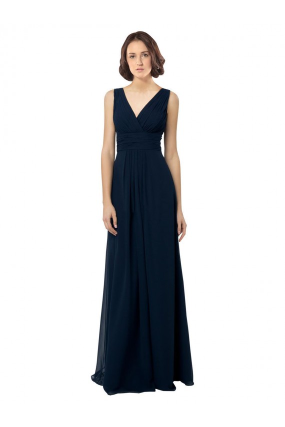 Comprare Blu marino scuro Linea A Scollatura a V Chiffona Lunga Abiti da damigella donore