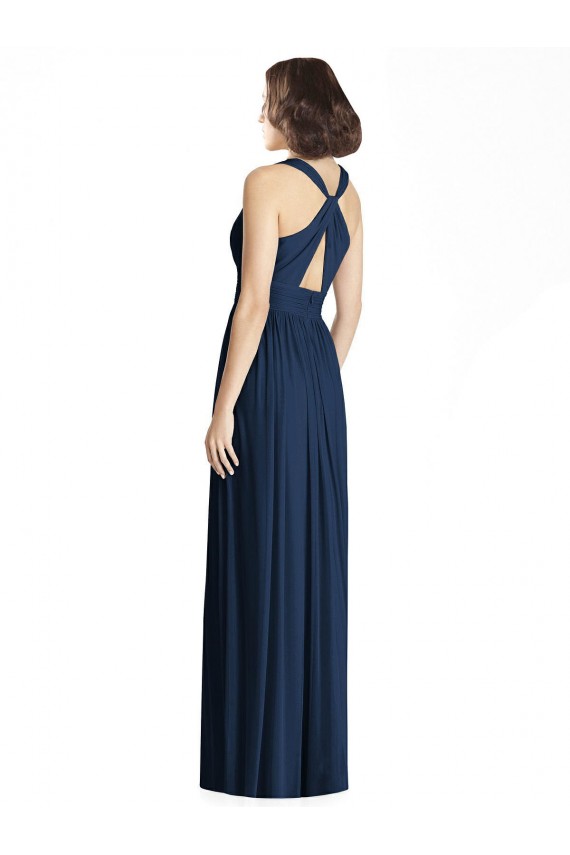Comprare Blu marino scuro Linea A Scollatura a V Chiffona Lunga Abiti da damigella donore