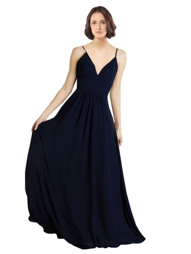 Comprare Blu marino scuro Linea A Scollatura a V Chiffona Lunga Abiti da damigella donore