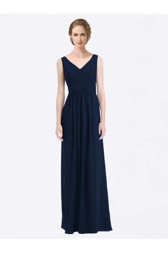 Comprare Blu marino scuro Linea A Scollatura a V Chiffona Lunga Abiti da damigella donore