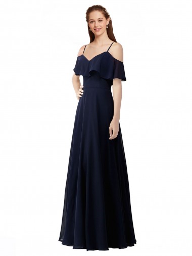 Comprare Blu marino scuro Linea A Scollatura a V Chiffona Lunga Abiti da damigella donore