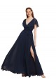 Comprare Blu marino scuro Linea A Scollatura a V Chiffona Lunga Abiti da damigella donore