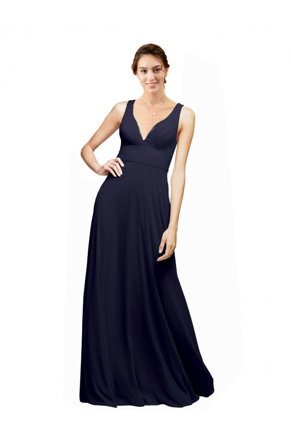 Comprare Blu marino scuro Linea A Scollatura a V Chiffona Lunga Abiti da damigella donore