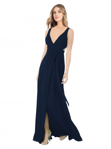 Comprare Blu marino scuro Linea A Scollatura a V Chiffona Lunga Abiti da damigella donore