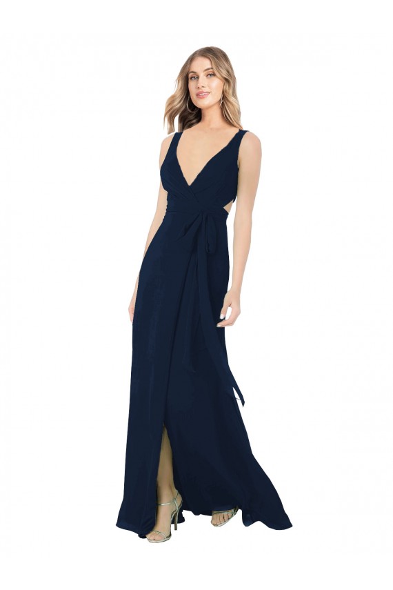 Comprare Blu marino scuro Linea A Scollatura a V Chiffona Lunga Abiti da damigella donore