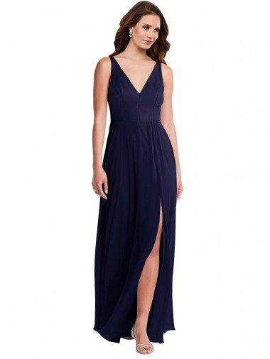 Comprare Blu marino scuro Linea A Scollatura a V Chiffona Lunga Abiti da damigella donore