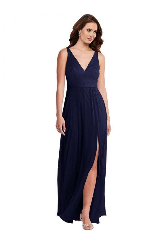 Comprare Blu marino scuro Linea A Scollatura a V Chiffona Lunga Abiti da damigella donore
