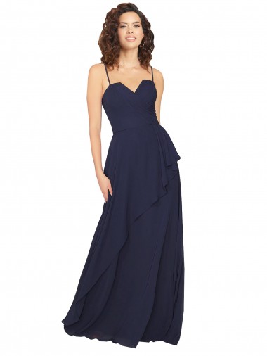 Comprare Blu marino scuro Linea A Scollatura a V Chiffona Lunga Abiti da damigella donore