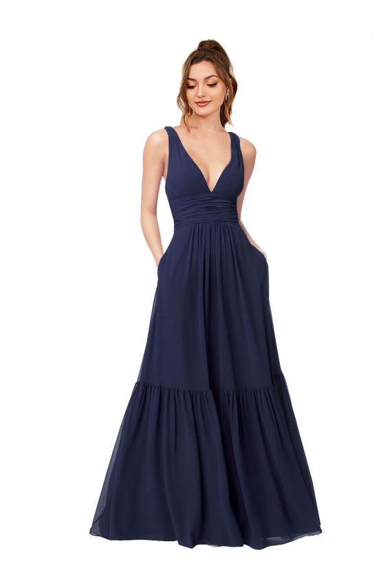 Comprare Blu marino scuro Linea A Scollatura a V Chiffona Lunga Abiti da damigella donore