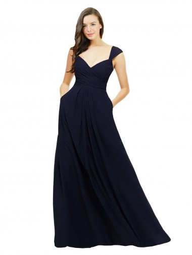 Comprare Blu marino scuro Linea A Scollatura a V Innamorato Chiffona Lunga Abiti da damigella donore