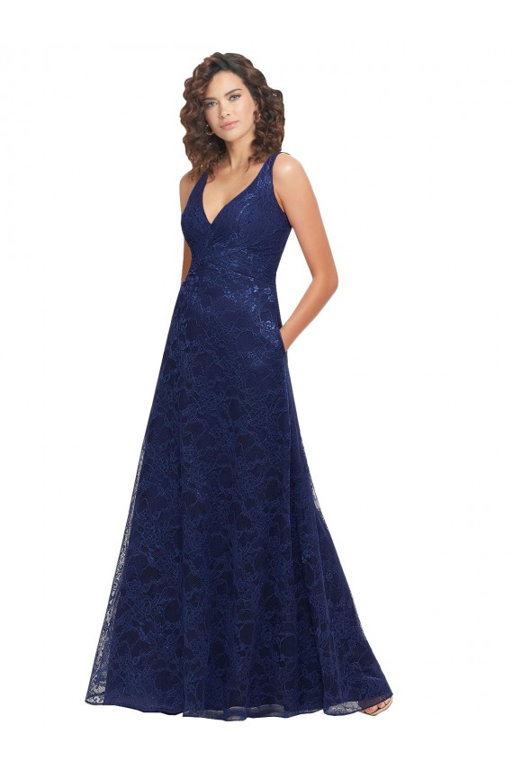 Comprare Blu marino scuro Linea A Scollatura a V Pizzo Lunga Abiti da damigella donore