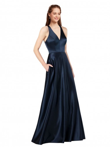 Comprare Blu marino scuro Linea A Scollatura a V Raso Lunga Formali Abiti da damigella donore / Abiti da sera / Abiti da ballo