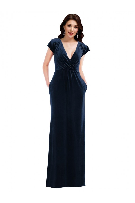 Comprare Blu marino scuro Linea A Scollatura a V Velluto Elastico Lunga Formali Abiti da damigella donore / Abiti da sera / Abiti da ballo
