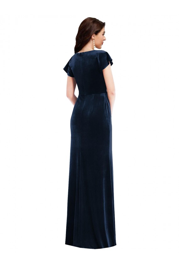 Comprare Blu marino scuro Linea A Scollatura a V Velluto Elastico Lunga Formali Abiti da damigella donore / Abiti da sera / Abiti da ballo