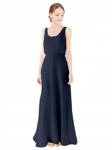 Comprare Blu marino scuro Linea A Scoop Chiffona Lunga Abiti da damigella donore