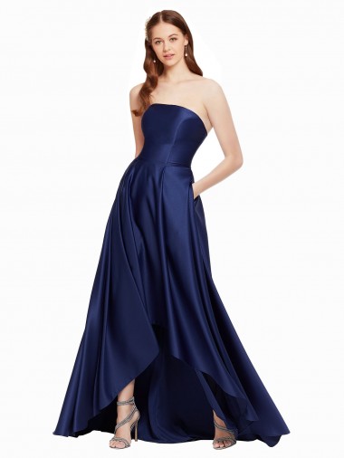 Comprare Blu marino scuro Linea A Senza spalline Raso Lunga Asimmetrico Formali Abiti da damigella donore / Abiti da sera / Abiti da ballo
