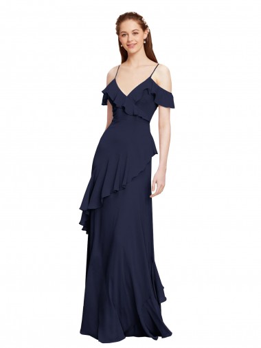 Comprare Blu marino scuro Linea A Sottili Chiffona Lunga Abiti da damigella donore