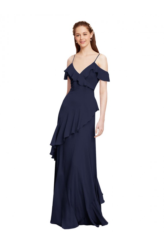 Comprare Blu marino scuro Linea A Sottili Chiffona Lunga Abiti da damigella donore