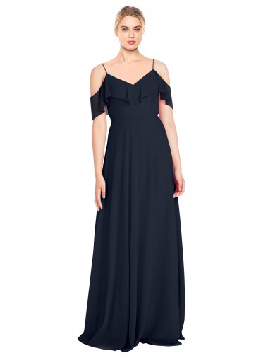 Comprare Blu marino scuro Linea A Sottili Chiffona Lunga Abiti da damigella donore