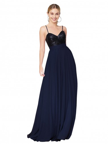 Comprare Blu marino scuro Linea A Sottili Chiffona Paillettes Lunga Abiti da damigella donore / Abiti da ballo