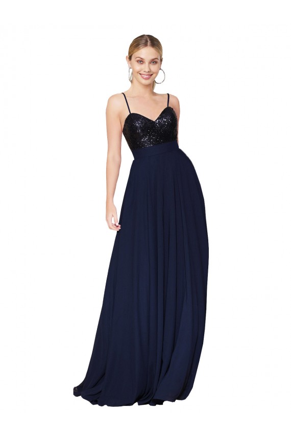Comprare Blu marino scuro Linea A Sottili Chiffona Paillettes Lunga Abiti da damigella donore / Abiti da ballo