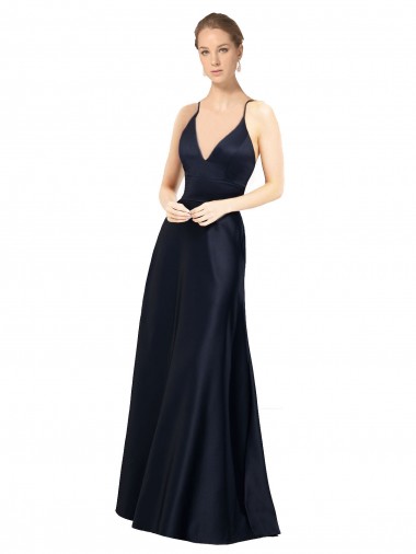 Comprare Blu marino scuro Linea A Sottili Scollatura a V Raso Lunga Abiti da damigella donore / Abiti da ballo