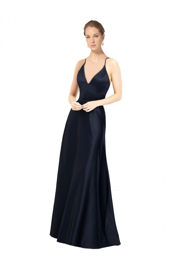 Comprare Blu marino scuro Linea A Sottili Scollatura a V Raso Lunga Abiti da damigella donore / Abiti da ballo