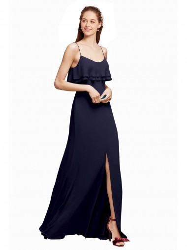 Comprare Blu marino scuro Linea A Sottili Scoop Chiffona Lunga Abiti da damigella donore