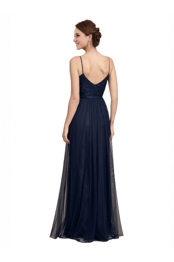 Comprare Blu marino scuro Linea A Sottili Tulle Pizzo Lunga Abiti da damigella donore