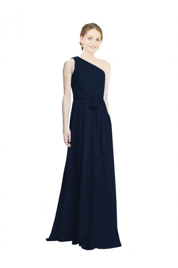 Comprare Blu marino scuro Linea A Una spalla Chiffona Lunga Abiti da damigella donore