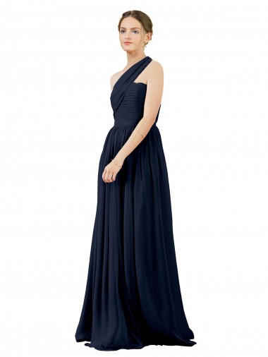 Comprare Blu marino scuro Linea A Una spalla Chiffona Lunga Abiti da damigella donore