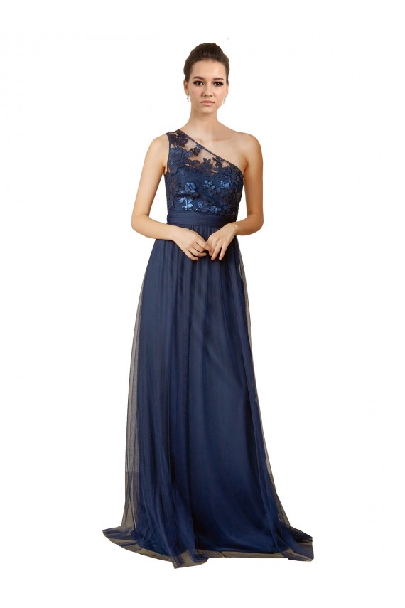 Comprare Blu marino scuro Linea A Una spalla Sweep treno Tulle Lunga Abiti da damigella donore