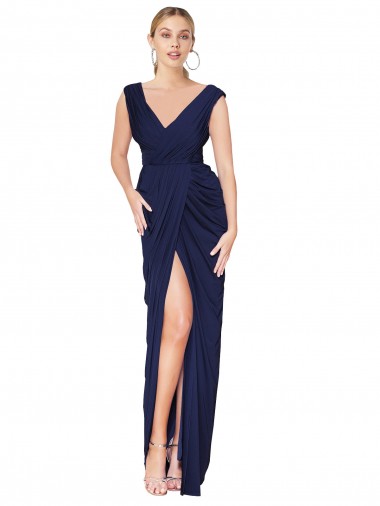 Comprare Blu marino scuro Stile sirena Alto Collo Chiffona Lunga Formali Abiti da damigella donore / Abiti da sera / Abiti da ballo