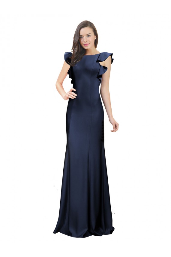 Comprare Blu marino scuro Stile sirena Barca Crespo Elastico Lunga Abiti da damigella donore / Abiti da ballo
