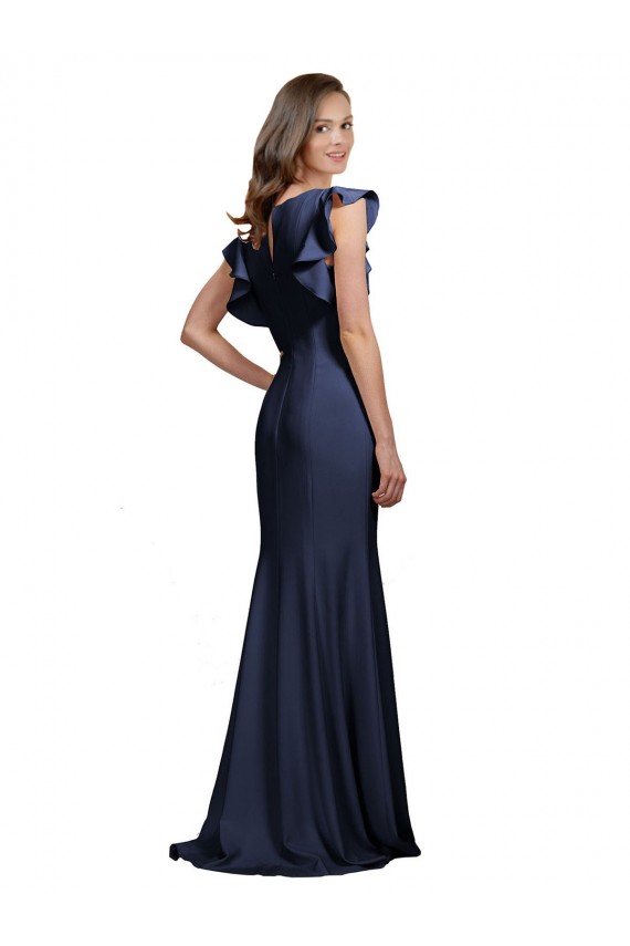 Comprare Blu marino scuro Stile sirena Barca Crespo Elastico Lunga Abiti da damigella donore / Abiti da ballo