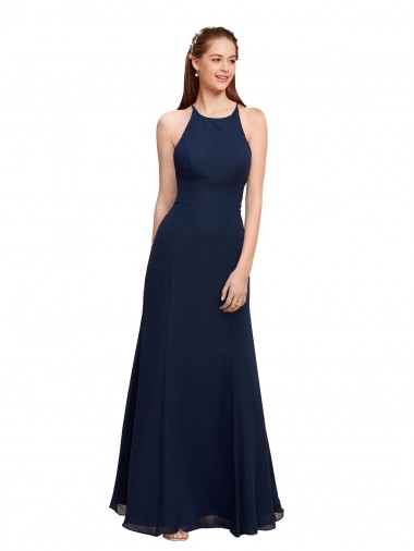 Comprare Blu marino scuro Stile sirena Capestro Alto Collo Chiffona Lunga Abiti da damigella donore / Abiti da ballo