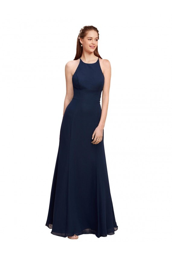 Comprare Blu marino scuro Stile sirena Capestro Alto Collo Chiffona Lunga Abiti da damigella donore / Abiti da ballo
